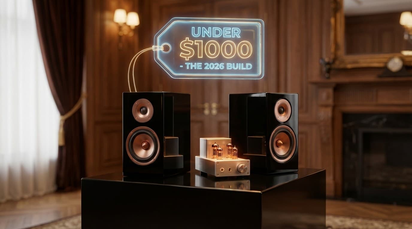 Complete under $1000 audiophile system featuring bookshelf speakers and streaming amplifier in a modern living room