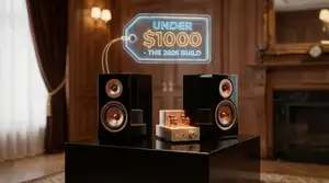 Complete under $1000 audiophile system featuring bookshelf speakers and streaming amplifier in a modern living room