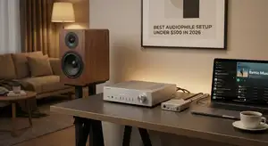Modern desktop audiophile setup featuring wood-grain bookshelf speakers, a compact amplifier, and a dedicated DAC connected to a laptop. A cozy, warm-lit listening station representing the best high-fidelity audio system under $500 in 2026