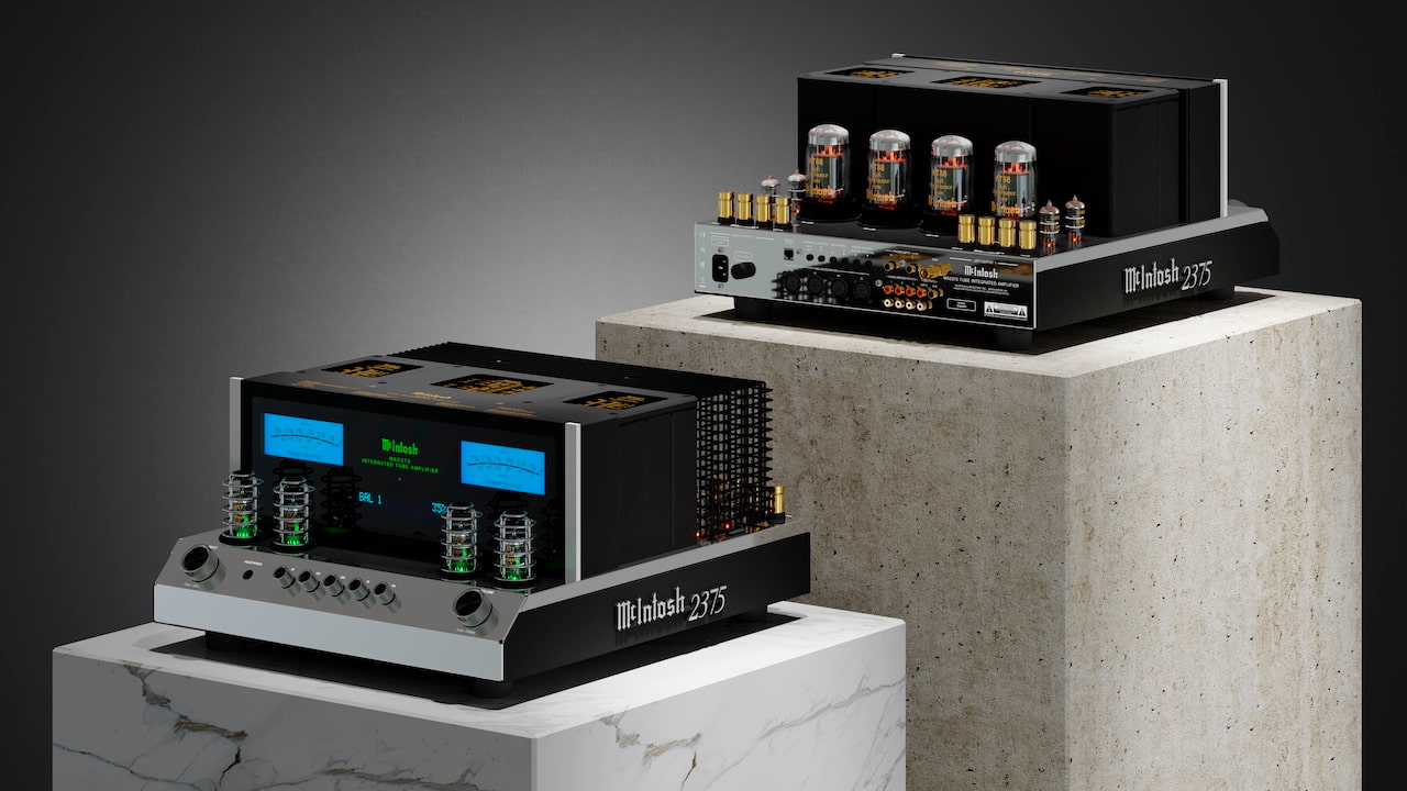 McIntosh MA2375 vacuum tube integrated amplifier shown from front and rear with glowing KT88 tubes and blue watt meters
