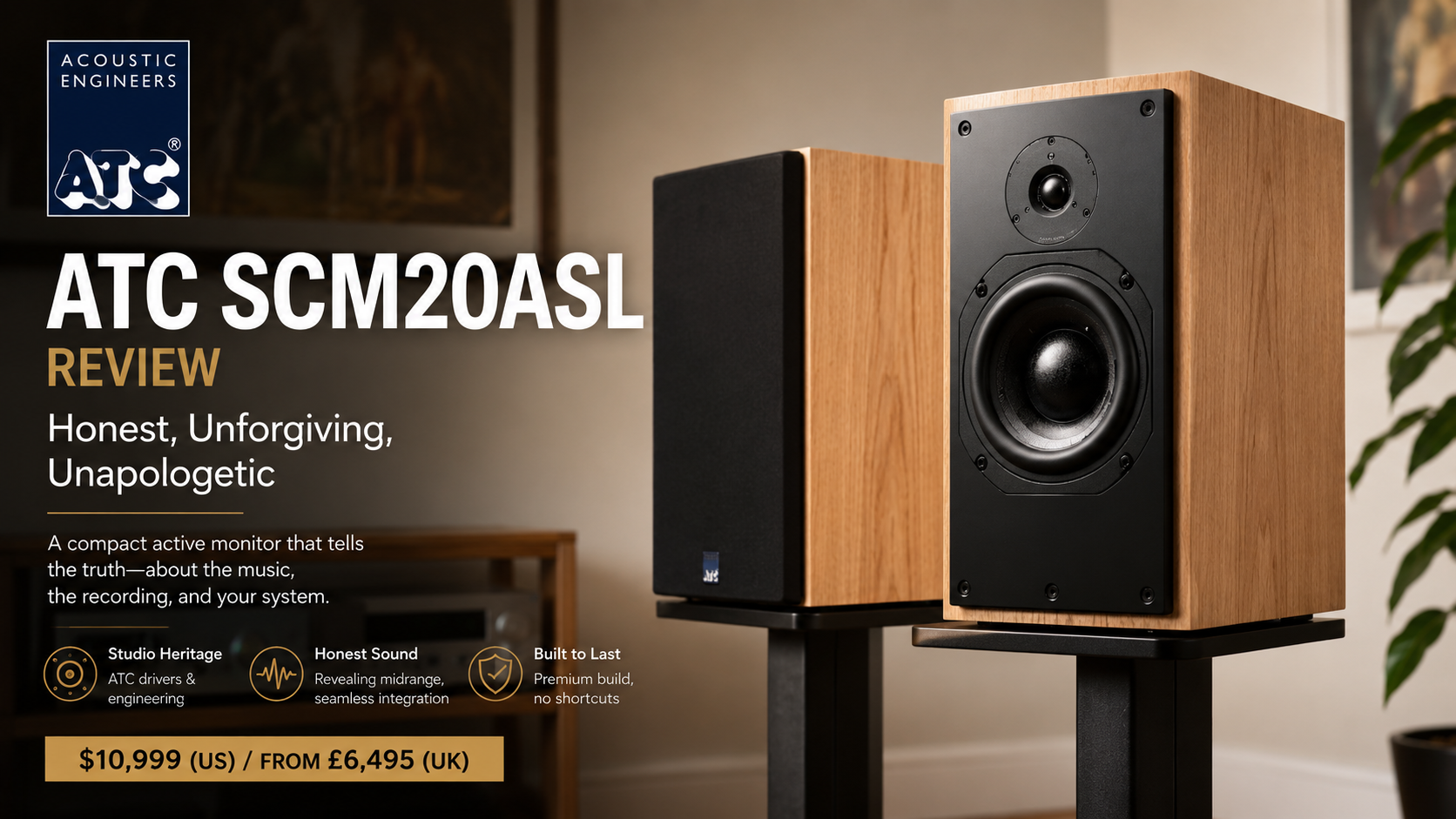 ATC SCM20ASL review banner: a pair of active standmount speakers on stands, one in oak veneer with grille off, one black.