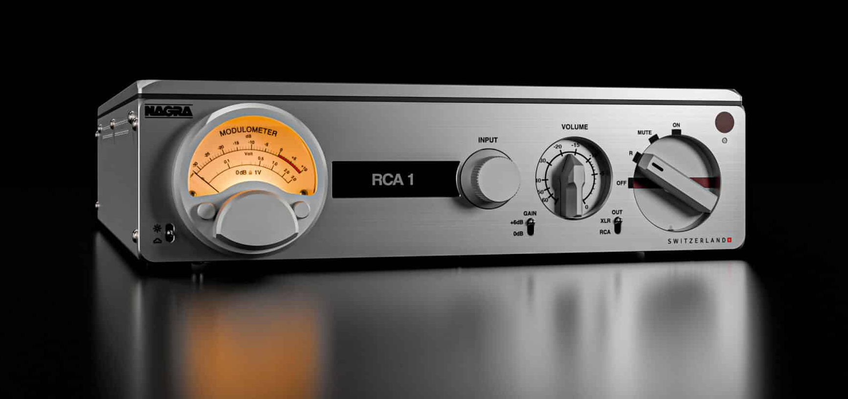 Nagra PREAMP II-S front panel: amber-lit Modulometer, RCA 1 input display, volume knob, gain and output toggles, rotary power selector
