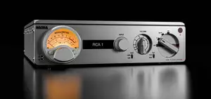 Nagra PREAMP II-S front panel: amber-lit Modulometer, RCA 1 input display, volume knob, gain and output toggles, rotary power selector