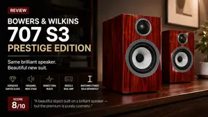 Bowers & Wilkins 707 S3 Prestige Edition review banner: two Santos Gloss bookshelf speakers, grilles off, scored 8/10.