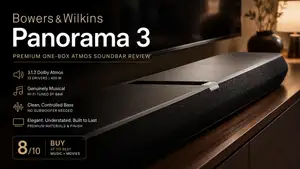 Bowers & Wilkins Panorama 3 black Dolby Atmos soundbar at an angle on a dark wood console beneath a wall-mounted TV, on an OHHIFI review graphic listing its 3.1.2 / 13-driver / 400W spec and an 8/10 Buy verdict.