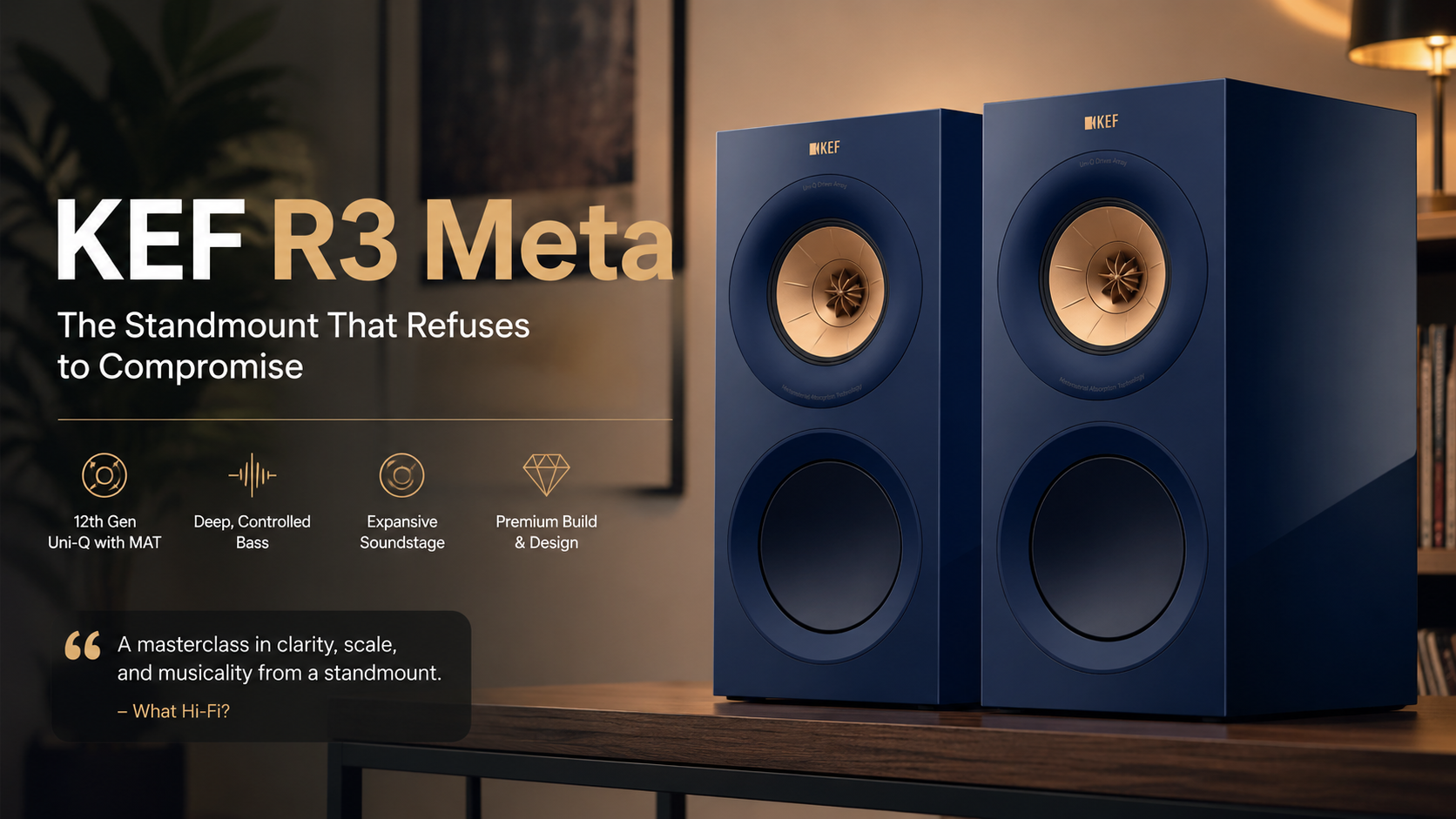 KEF R3 Meta bookshelf speakers in Royal Blue gloss finish, 12th-gen Uni-Q driver array with MAT technology, promotional banner with What Hi-Fi review quote